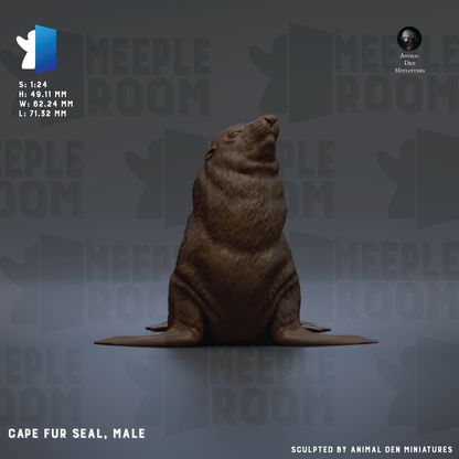 The image is a 3D rendering of a male seal, specifically a male Cape fur seal, sitting on its hind legs.