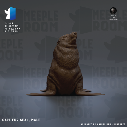 The image is a 3D rendering of a male seal, specifically a male Cape fur seal, sitting on its hind legs.