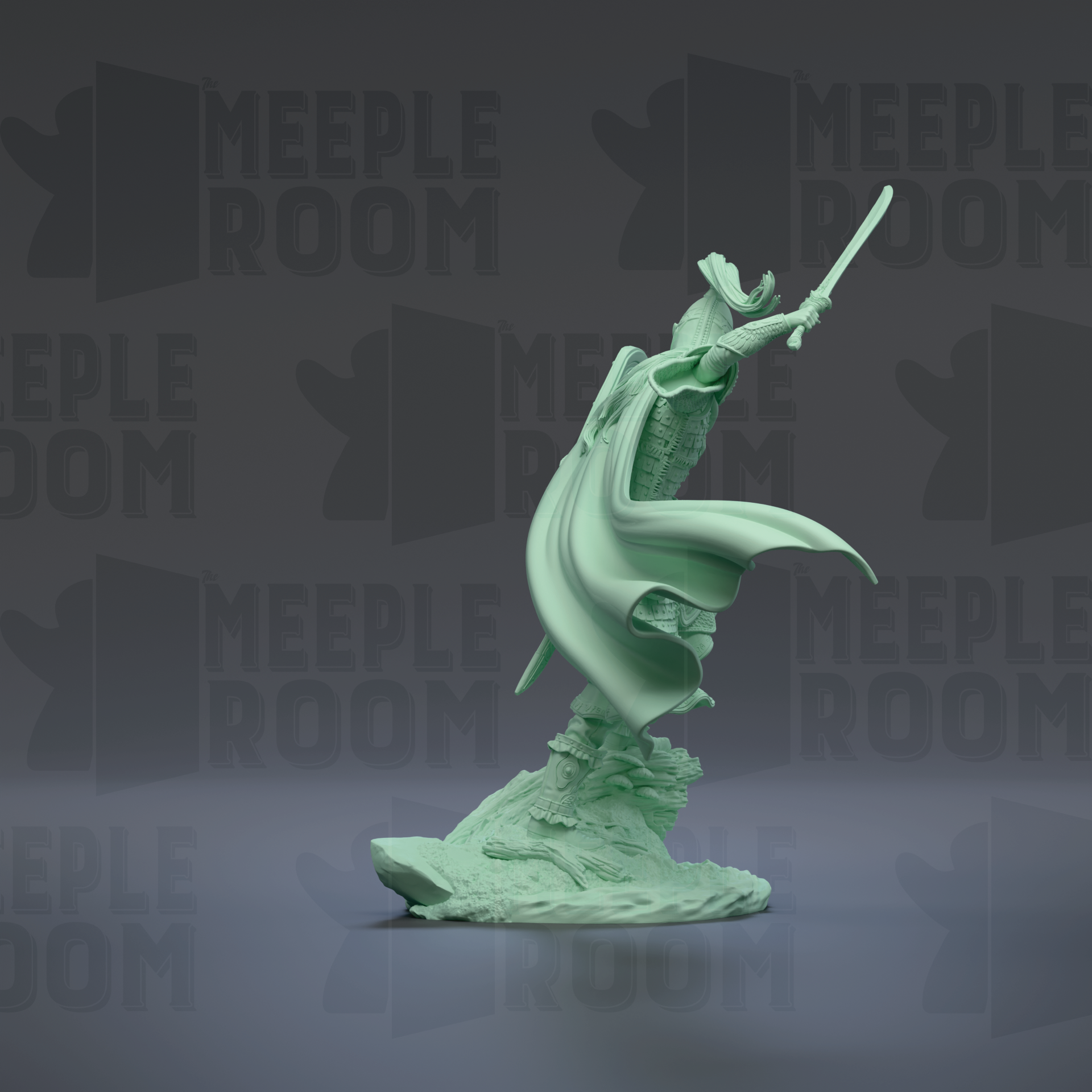 A green statue of a figure with a flowing cape and sword stands on a rock formation against a dark background with repeated "MEUPLE ROOM" text.
