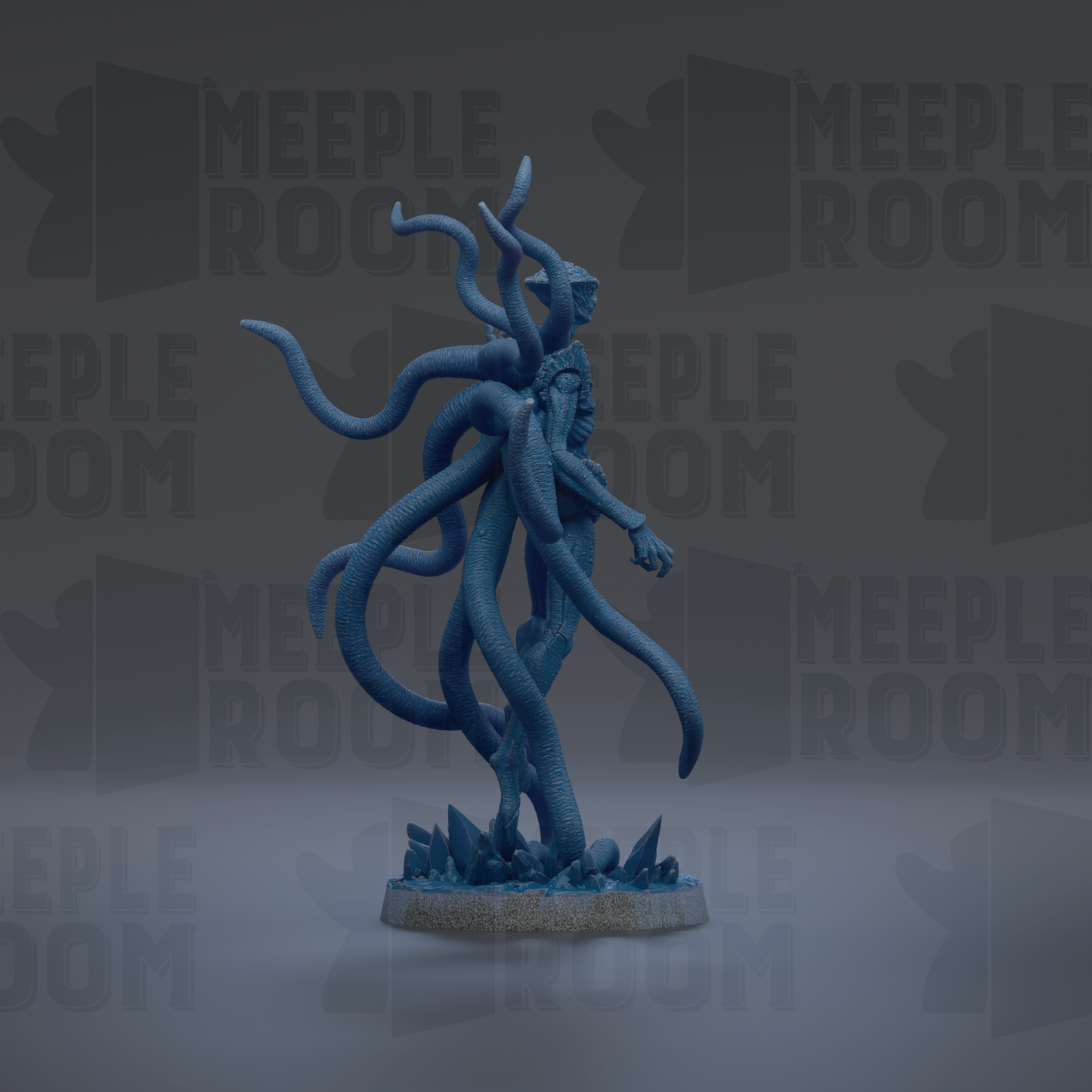 A blue, abstract sculpture with multiple tentacles and a human-like figure standing on a base.