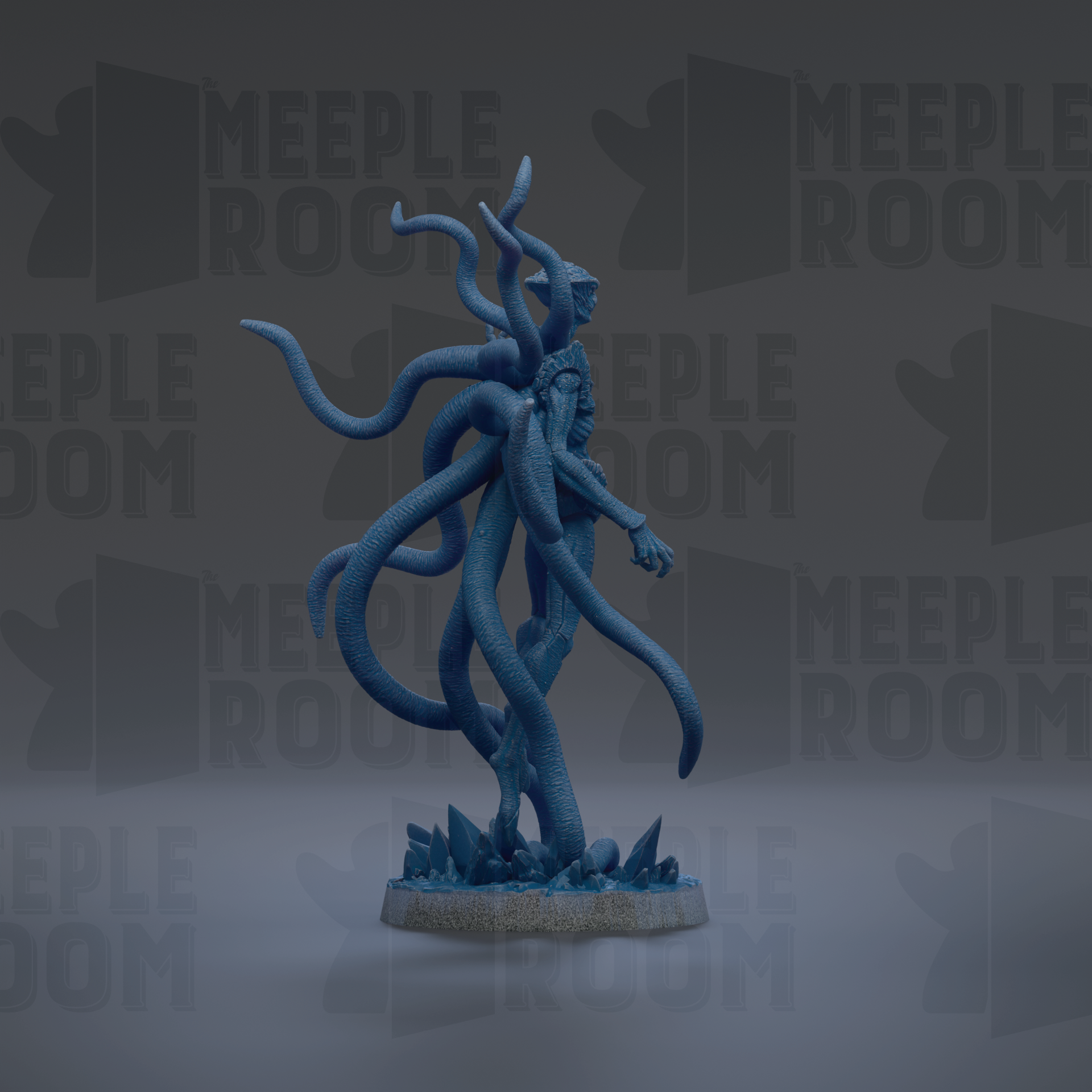 A blue, abstract sculpture with multiple tentacles and a human-like figure standing on a base.