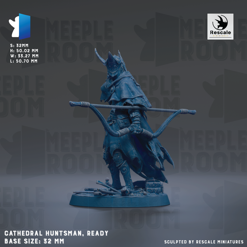 A figurine of a cathedral monk, ready to hunt, standing on a base with a bow and arrow.