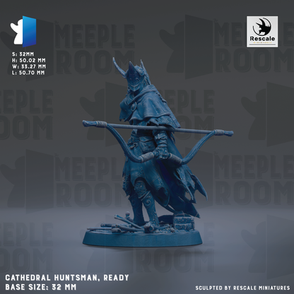 A figurine of a cathedral monk, ready to hunt, standing on a base with a bow and arrow.