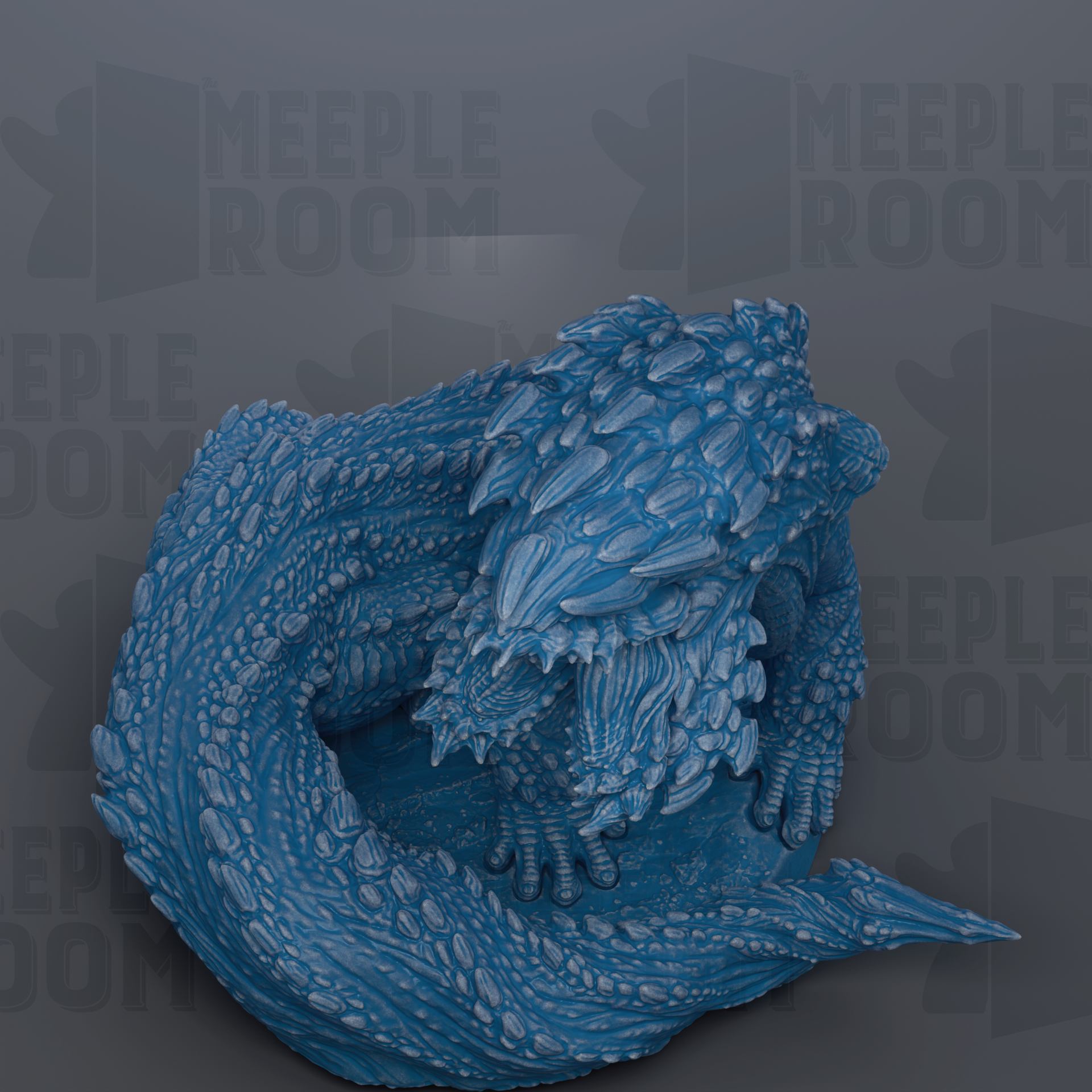 A large, detailed blue dragon sculpture is shown against a dark background with repeated text.