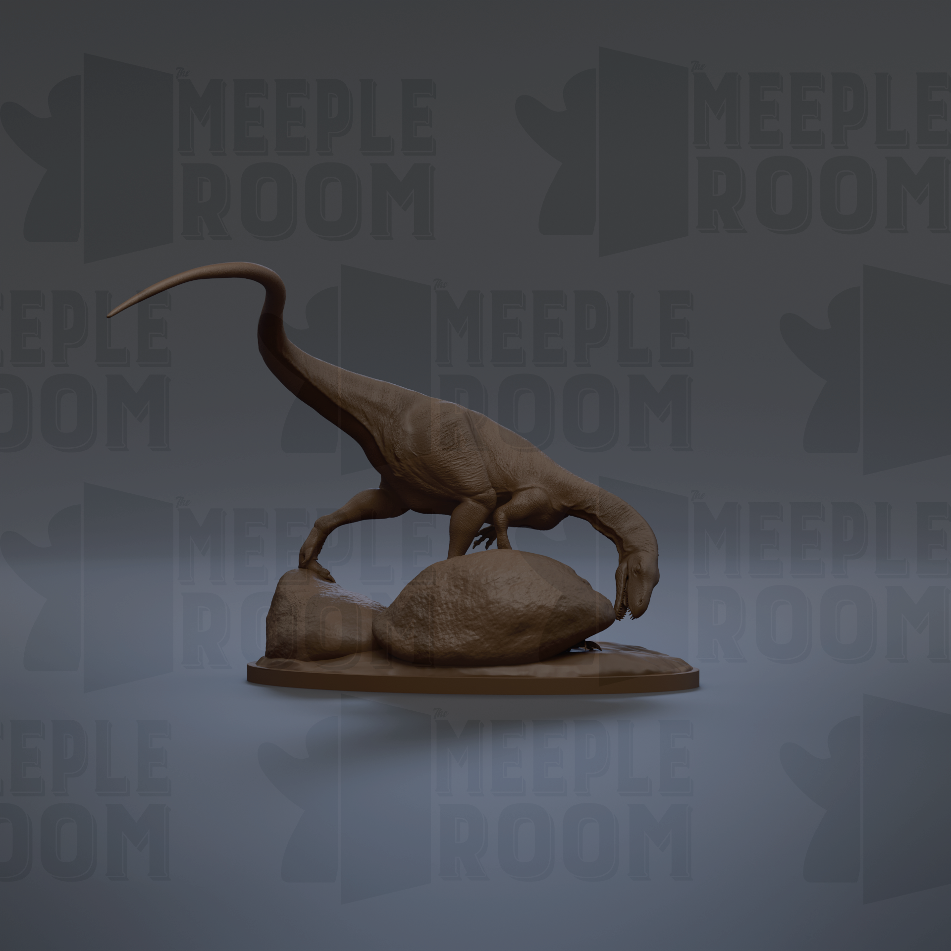 A 3D model of a dinosaur, specifically a meek dinosaur, is depicted in a dark environment with the text "MEUPLE ROOM" repeated in the background.