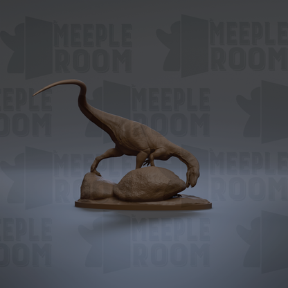 A 3D model of a dinosaur, specifically a meek dinosaur, is depicted in a dark environment with the text "MEUPLE ROOM" repeated in the background.