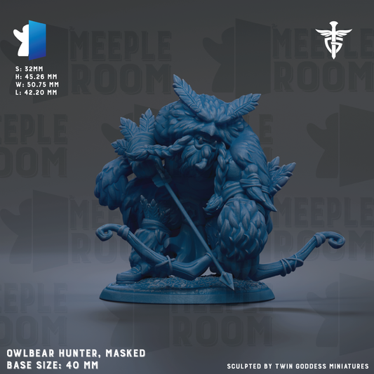 The image is a 3D rendering of a blue owlbear statue, which is a masked character from the video game Meeple Room. The owlbear is depicted in a crouched position, holding a bow and arrow, and is shown in a base size of 40mm. The image is a collage of multiple images, and it is described as a "sculpted by Twin Goddess Miniatures" image.