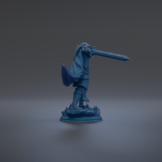 A blue figurine of a warrior wielding a sword stands on a base against a dark background.