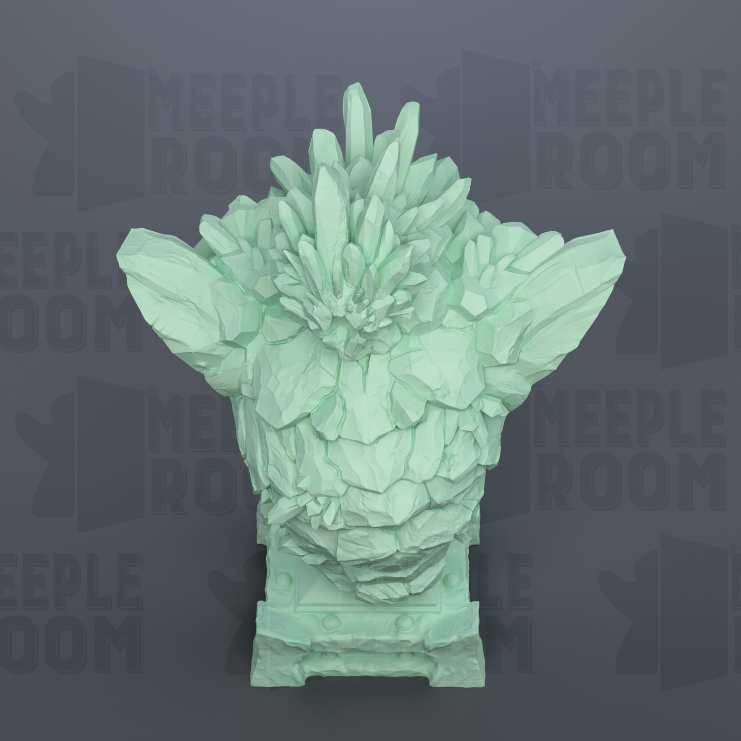 A 3D rendering of a green, rocky sculpture with a pointed top, set against a dark background with repeated text.