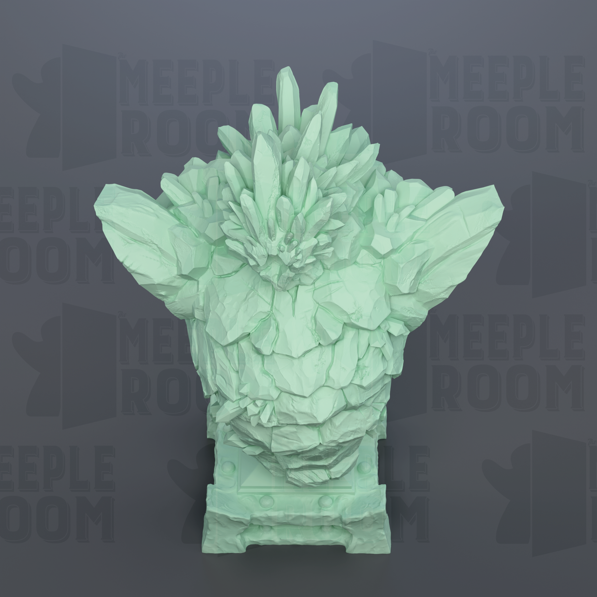 A 3D rendering of a green, rocky sculpture with a pointed top, set against a dark background with repeated text.