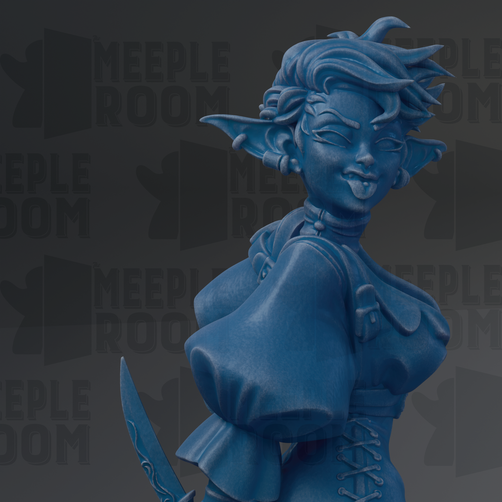 A blue statue of a woman with a pensive expression, holding a sword, and wearing a flowing dress.