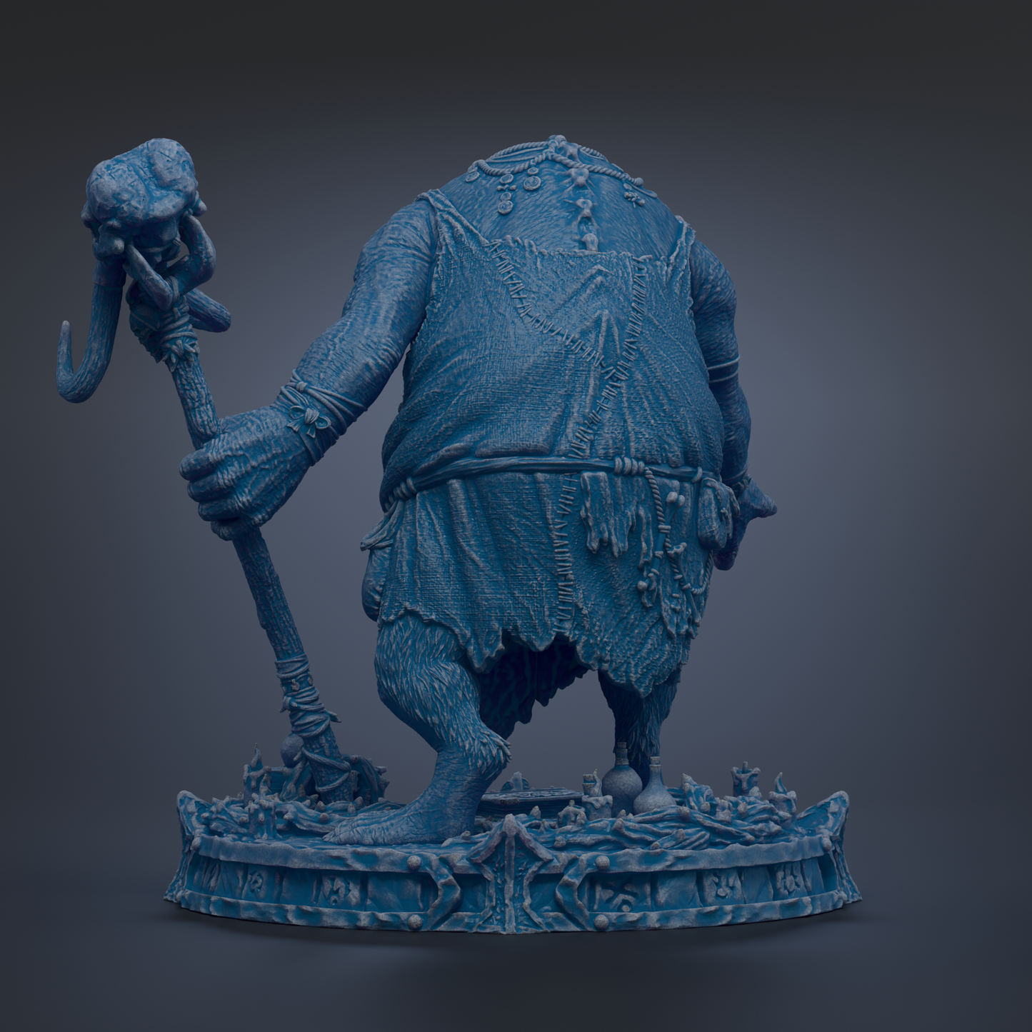 A blue, 3D-rendered statue of a fantastical creature, possibly a mythical or magical being, holding a staff and standing on a platform.
