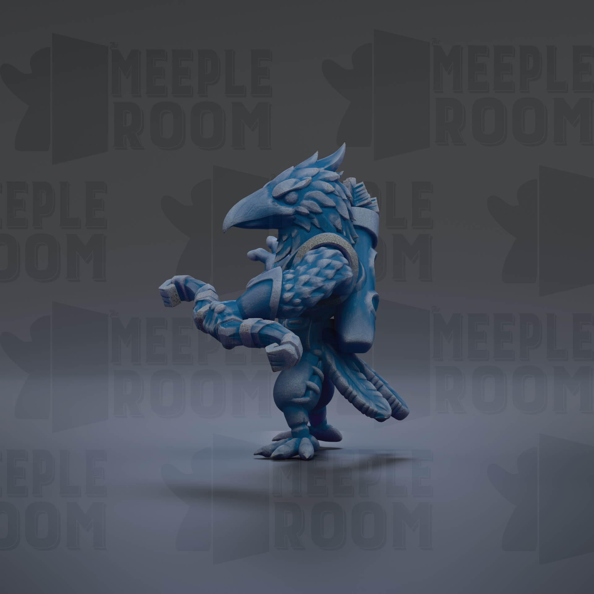 A 3D rendering of a blue bird-like creature with a large head and wings, standing on one leg against a dark background with repeated text.