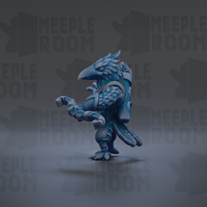 A 3D rendering of a blue bird-like creature with a large head and wings, standing on one leg against a dark background with repeated text.