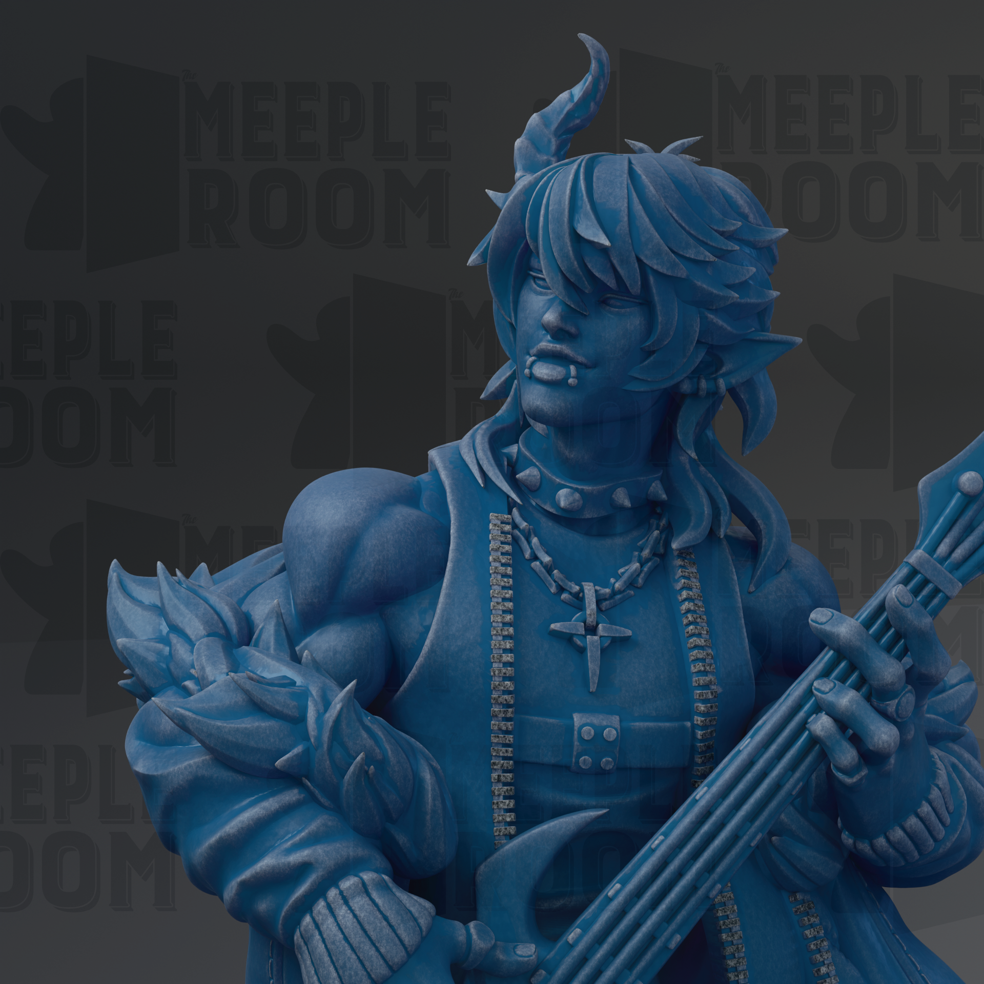 A blue statue of a person playing a guitar, with horns and a fierce expression.