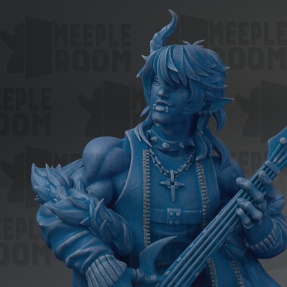 A blue statue of a person playing a guitar, with horns and a fierce expression.