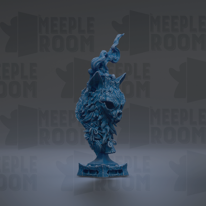 A blue, intricate statue of a cat-like creature with a fierce expression, standing on a pedestal against a dark background with repeated text.