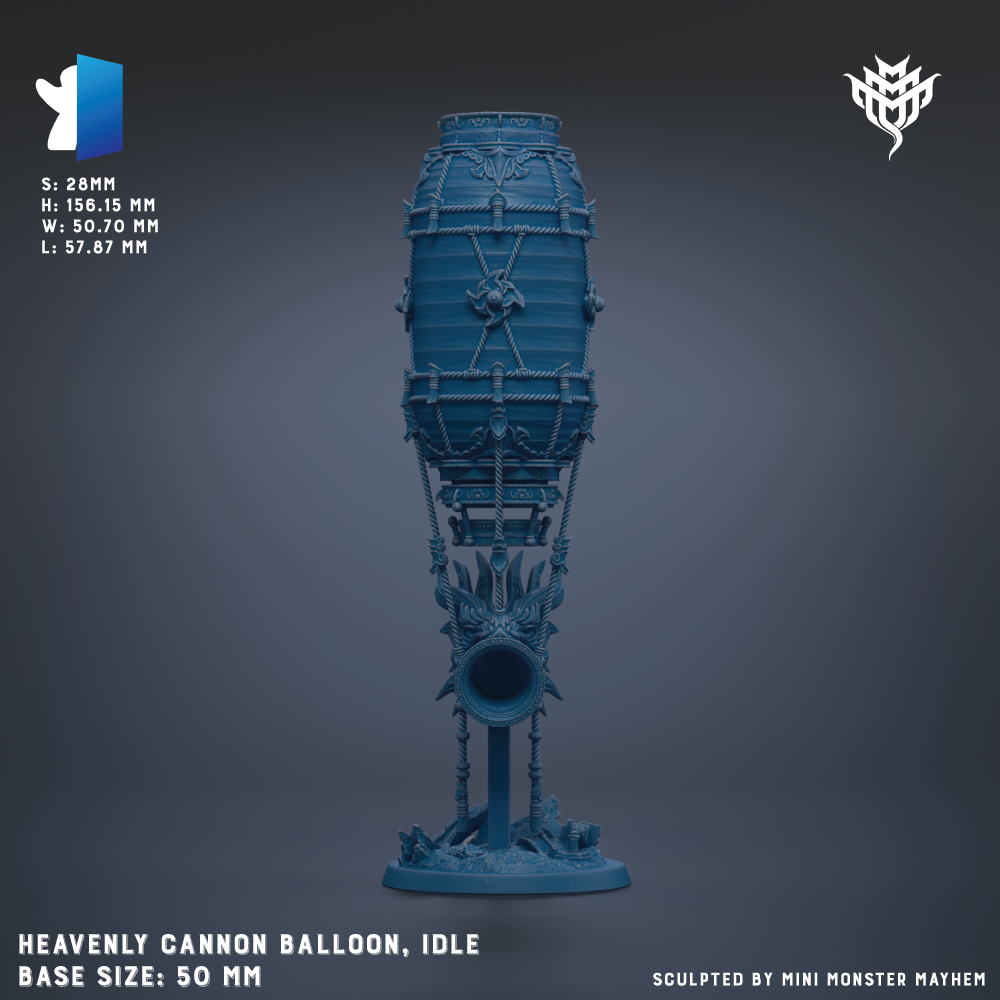 The image is a 3D rendering of a blue cannonball-shaped object, likely a cannonball cannonball, with intricate details and designs. The base size of the cannonball is 50 millimeters.