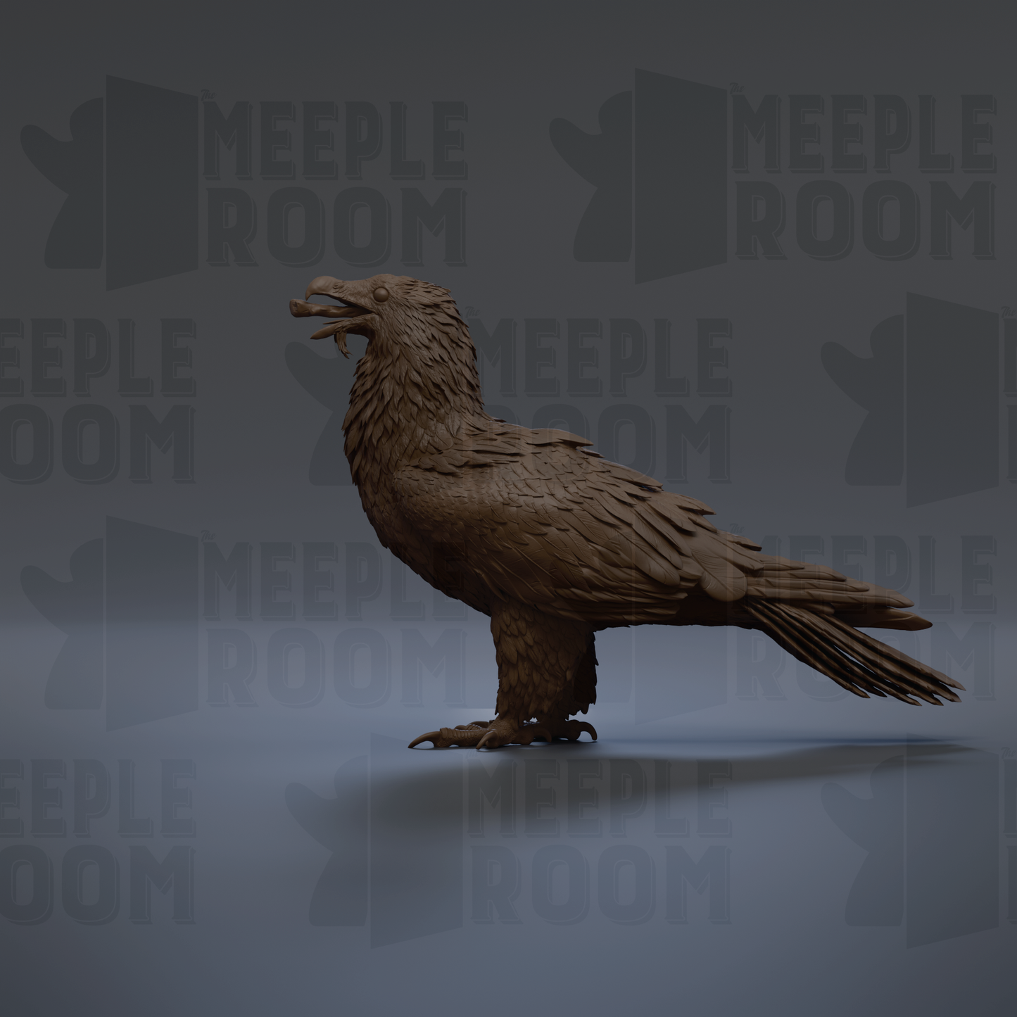 A 3D rendering of a bird, possibly a hawk or eagle, standing on one leg against a dark background with repeated text.