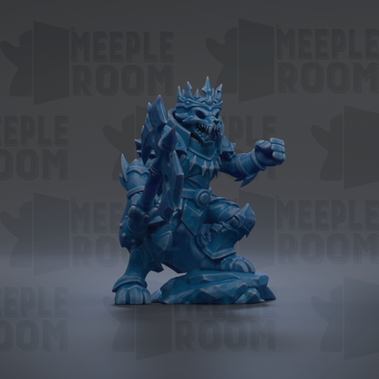 A blue, armored fantasy creature with a crown-like head stands on a rock, surrounded by repeated "MEIPLE ROOM" text in the background.