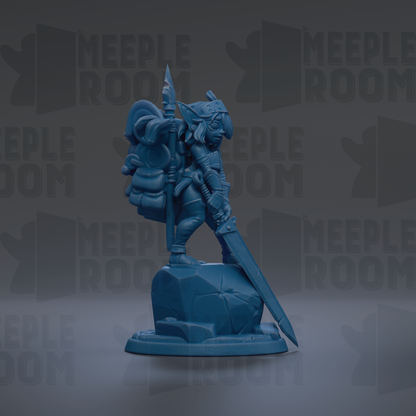 A blue figurine of a warrior standing on a rock, holding a sword and shield, against a dark background with repeated text.