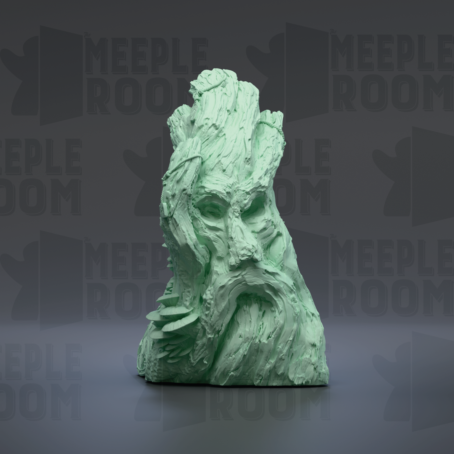 A green, textured sculpture resembling a tree trunk or trunk with a face-like appearance, set against a dark background with repeated text.