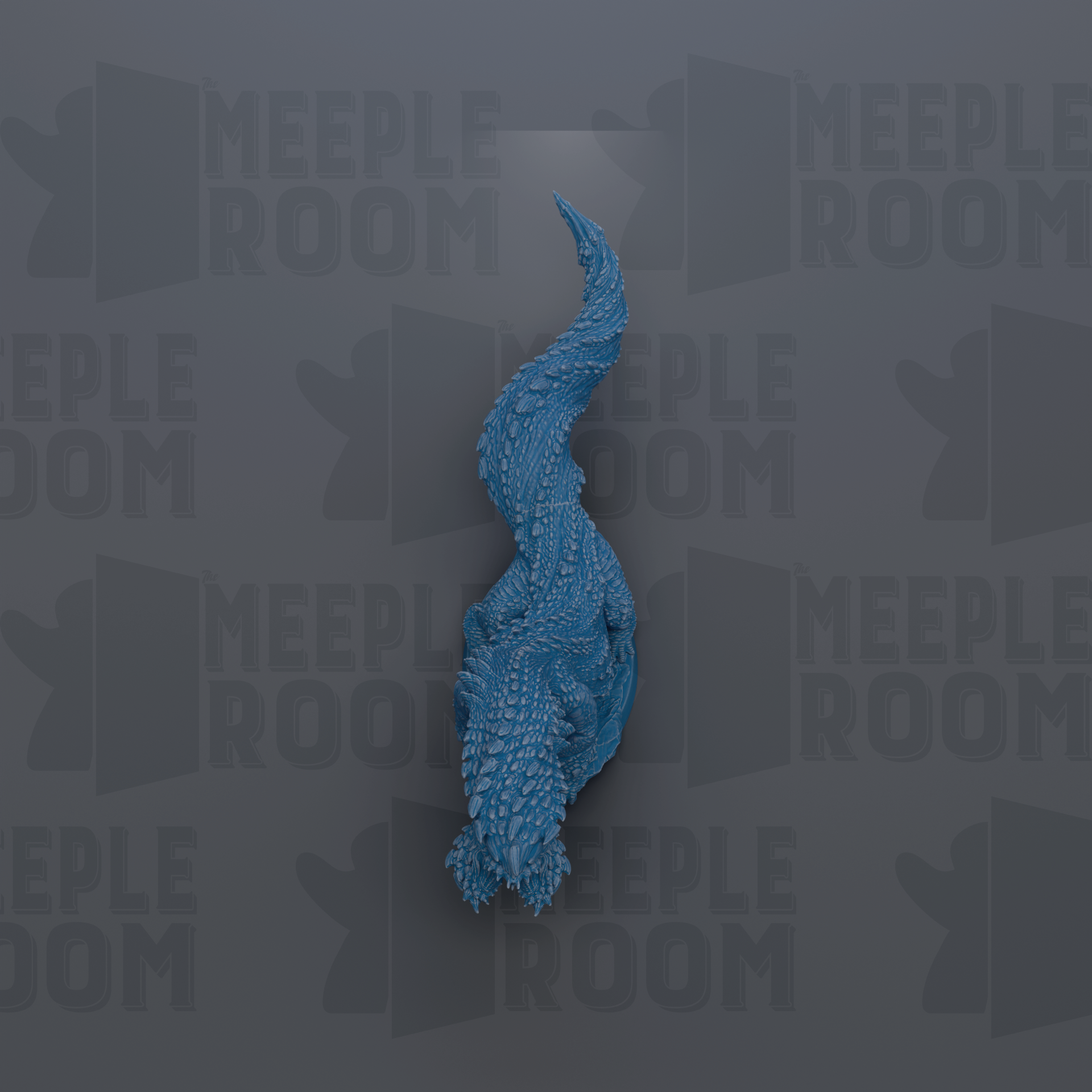A blue, scaly, crocodile-like creature is prominently featured against a dark background with repeated text.