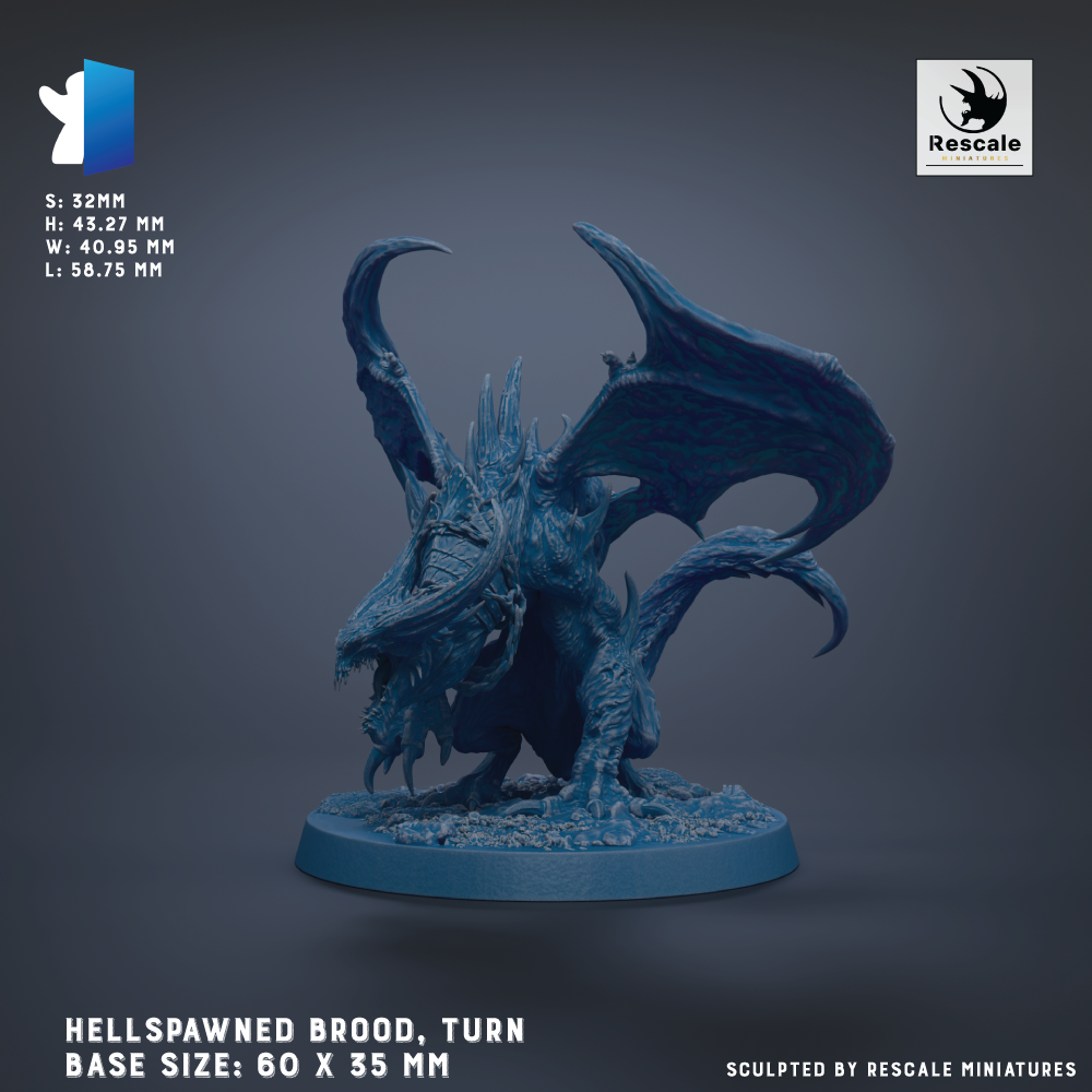 A 3D model of a Hellspawned Brood, a type of fantasy creature, is shown in the image. The model is depicted in a dynamic pose, with its wings spread wide and its mouth open, giving it a fierce appearance. The base of the model is described as a 60 x 35 mm, suggesting it is a miniature scale model. The image is a 3D rendering of the Hellspawned Brood, and it is presented against a dark background.