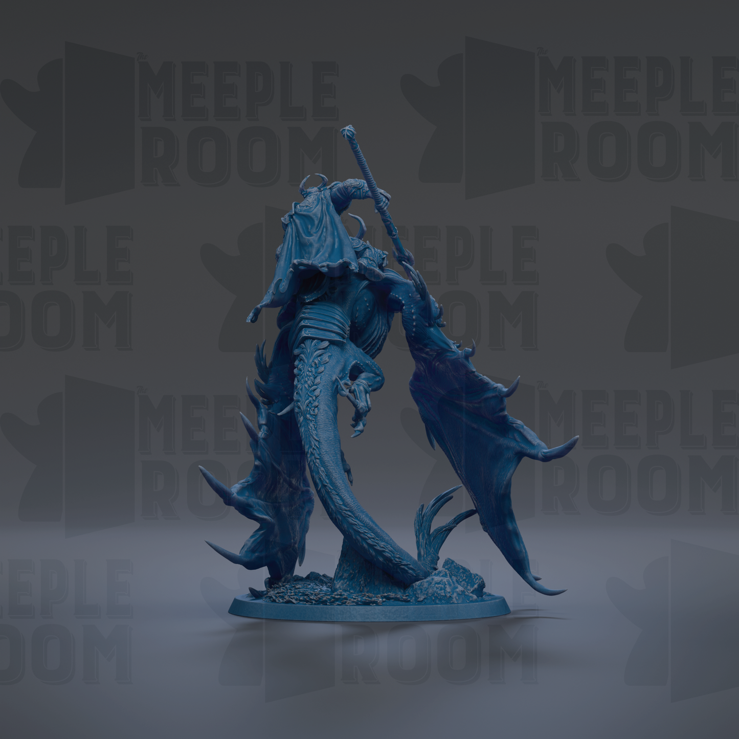 A blue, 3D-rendered statue of a fantastical creature with a long, curved tail and sharp teeth, standing on a base and holding a weapon.