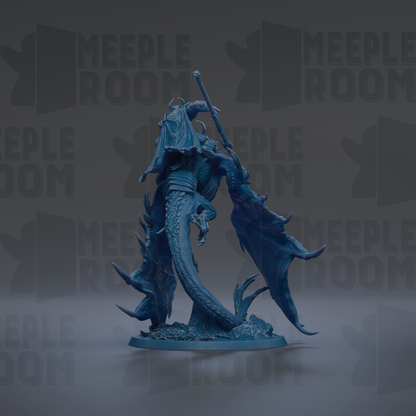 A blue, 3D-rendered statue of a fantastical creature with a long, curved tail and sharp teeth, standing on a base and holding a weapon.