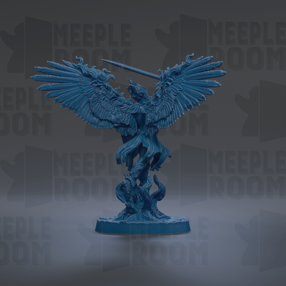 A blue, winged statue of a mythical creature with a sword in its hand, standing on a pedestal.