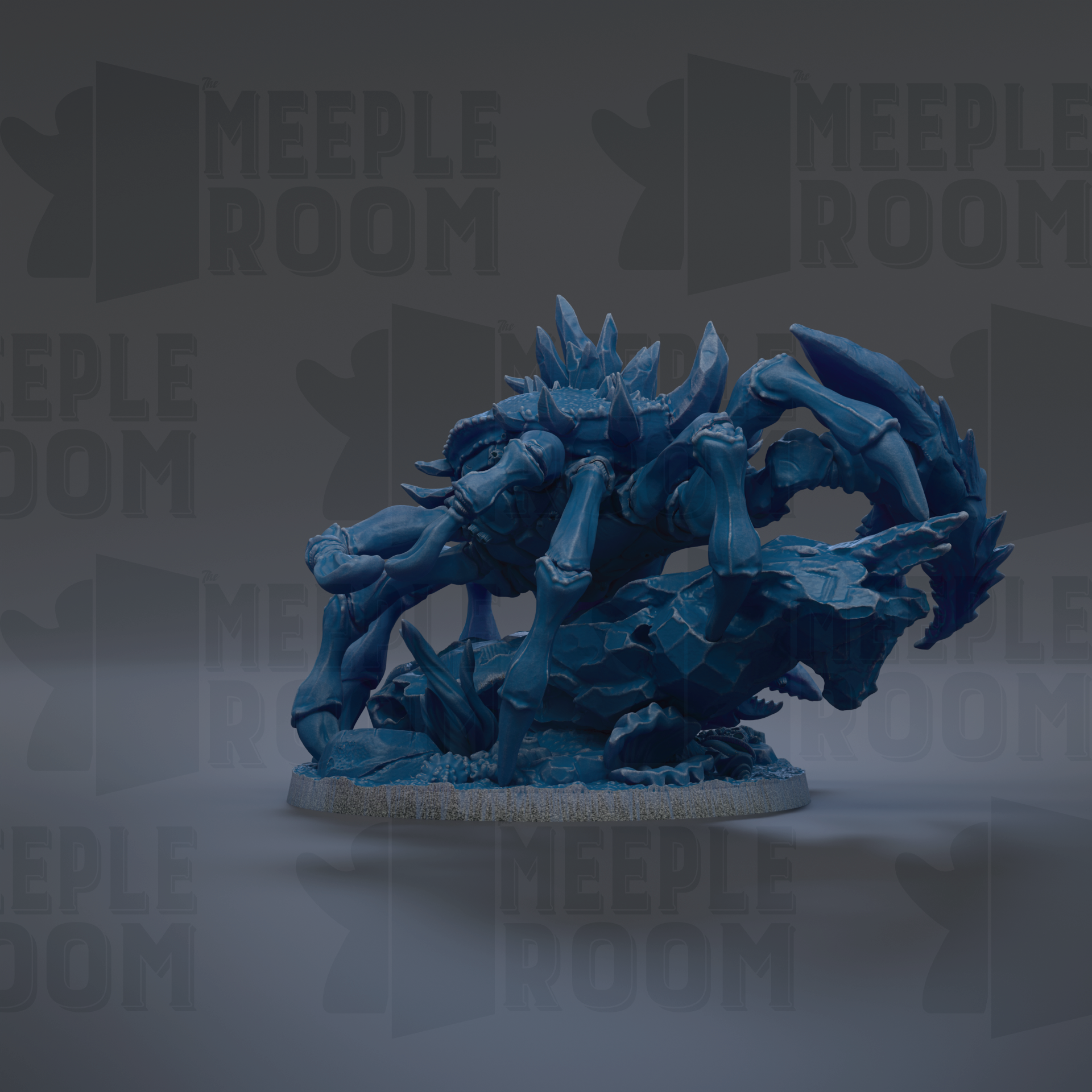 A 3D rendering of a blue, metallic creature with spikes and claws, standing on a base.