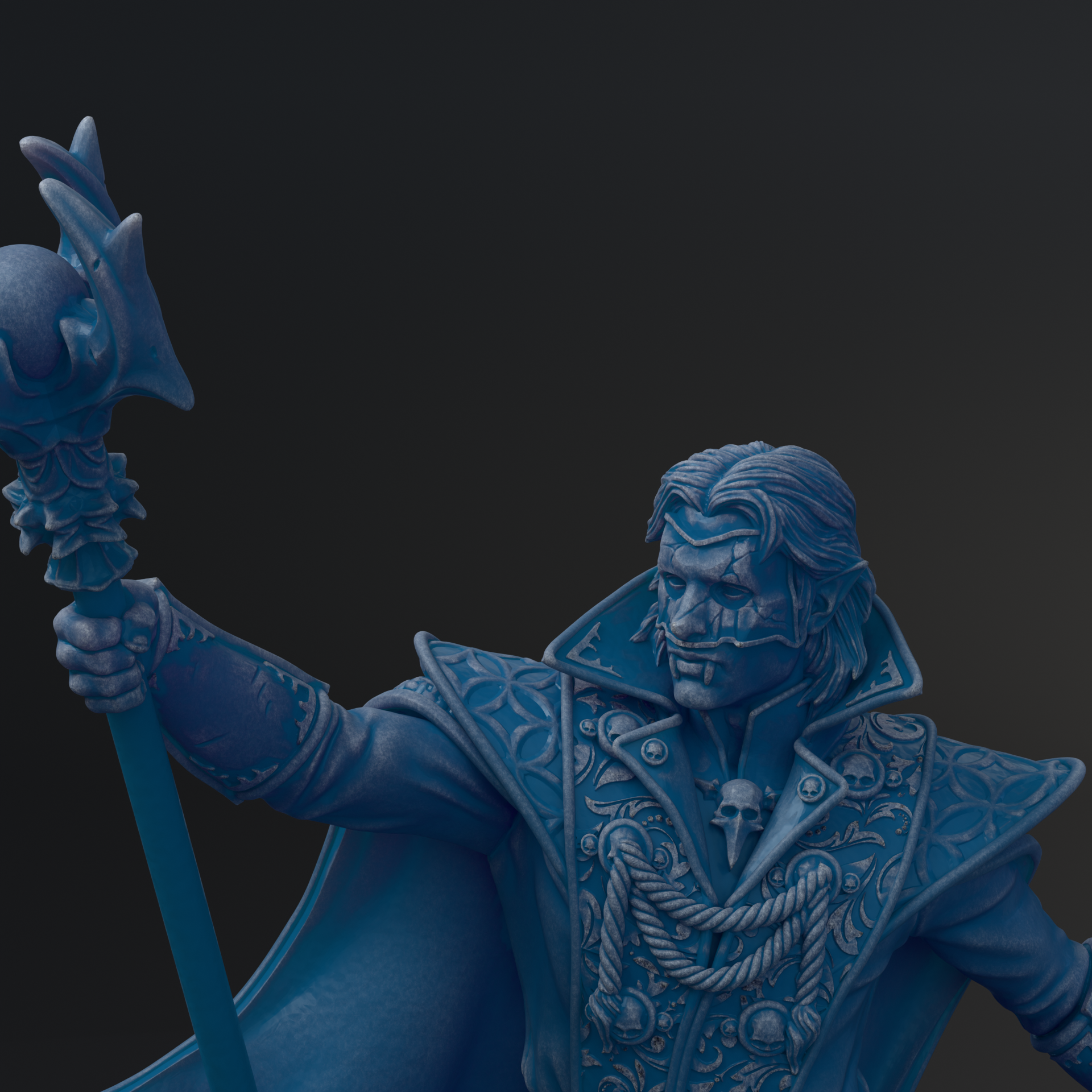 A detailed 3D rendering of a character holding a staff and wearing an ornate, intricately designed costume.