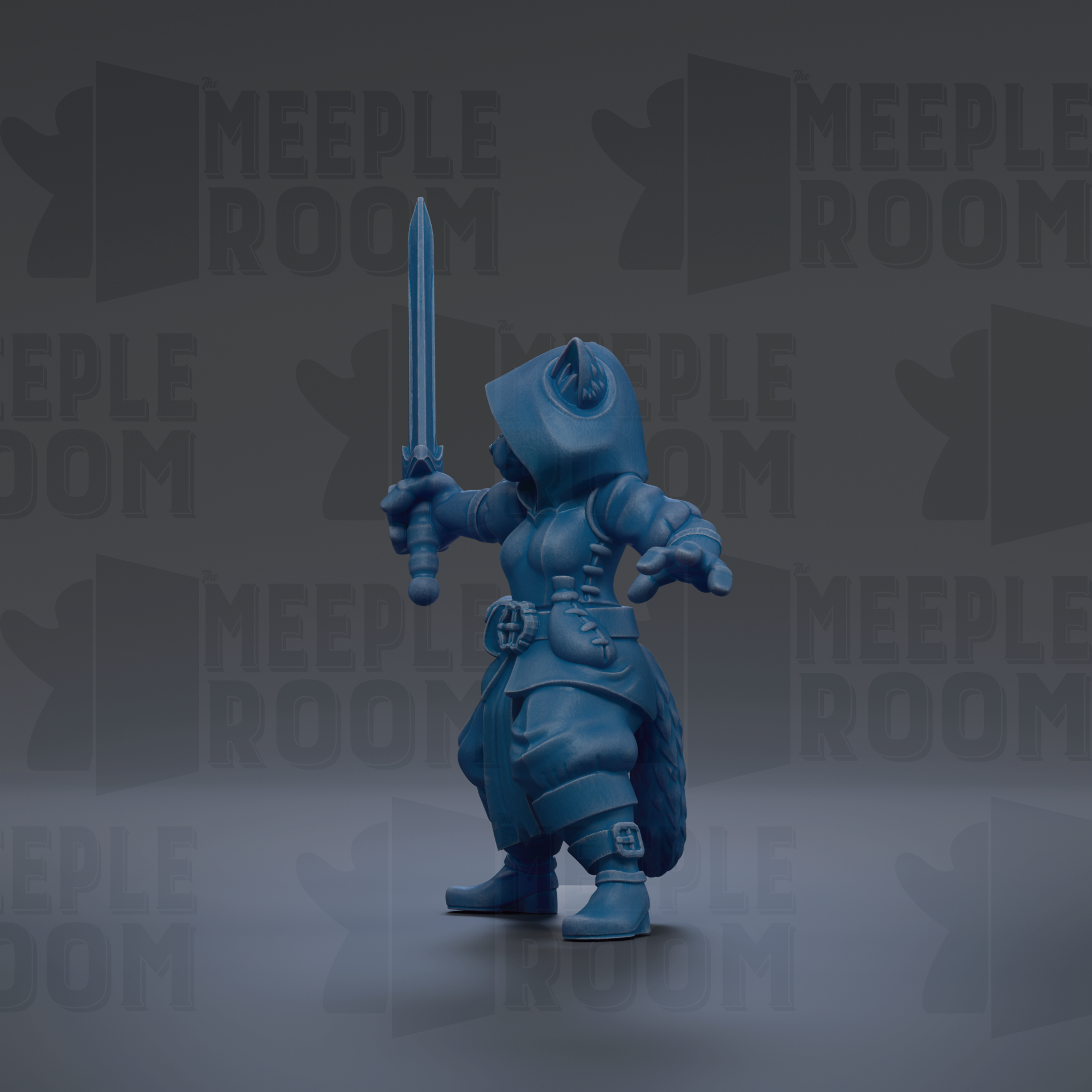 A blue figurine of a person holding a sword stands against a dark background with repeated text.