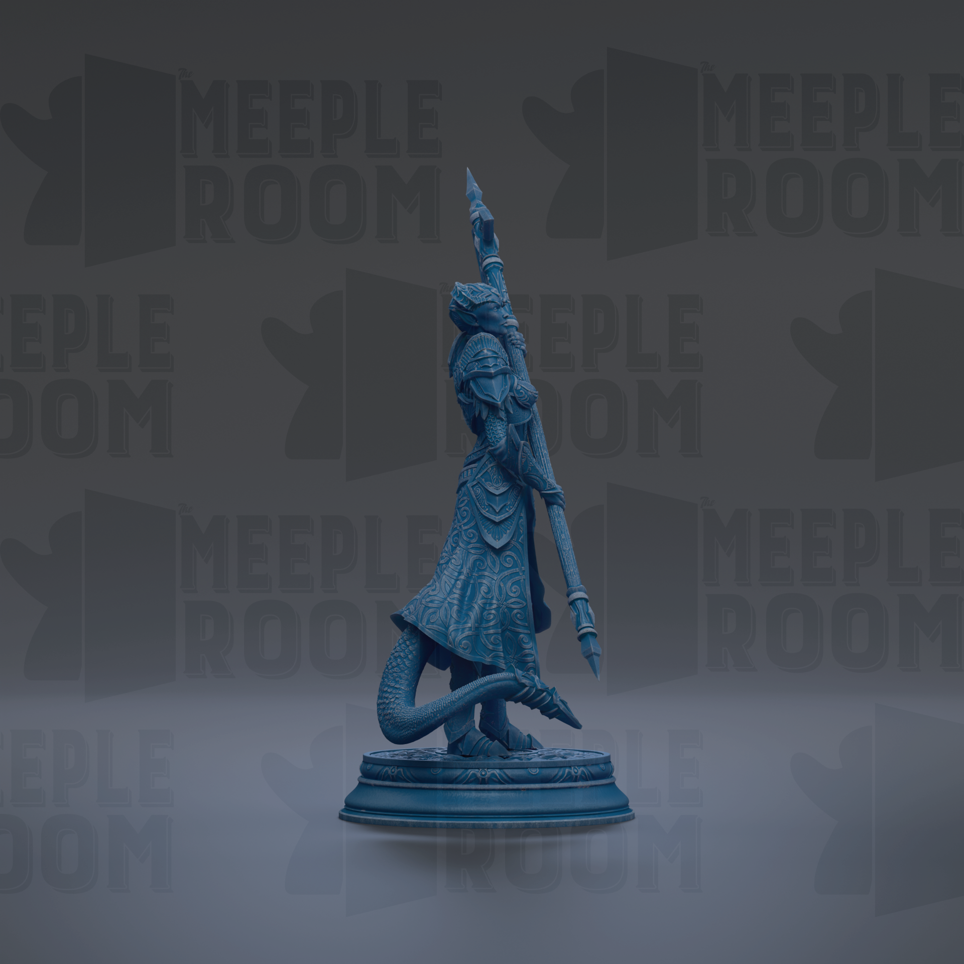 A blue figurine of a dragon-like creature holding a staff stands on a pedestal against a dark background with repeated "MEUPLE ROOM" text.