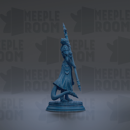 A blue figurine of a dragon-like creature holding a staff stands on a pedestal against a dark background with repeated "MEUPLE ROOM" text.