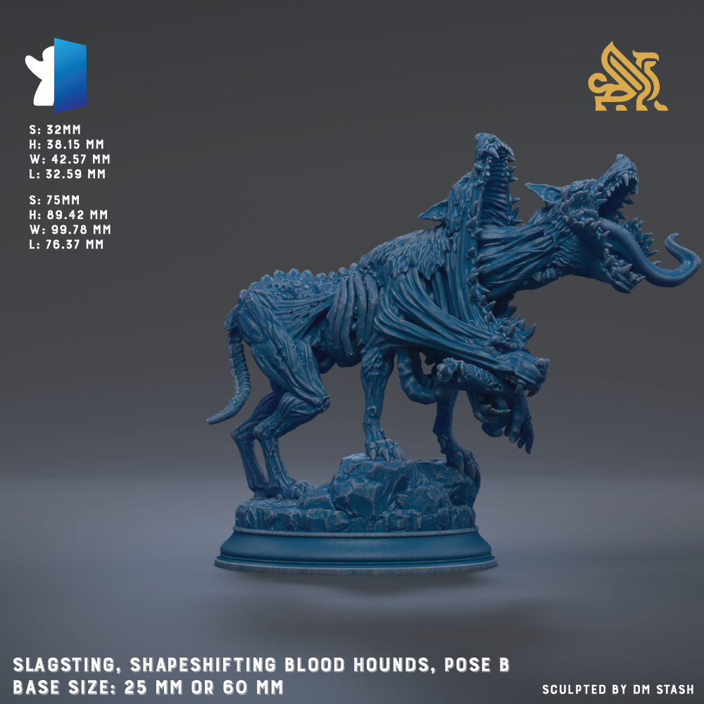 A blue, 3D-rendered statue of a blood hound with a fierce expression, posed on a rock. The statue appears to be a sculpted representation of a blood hound, with intricate details and a realistic appearance.