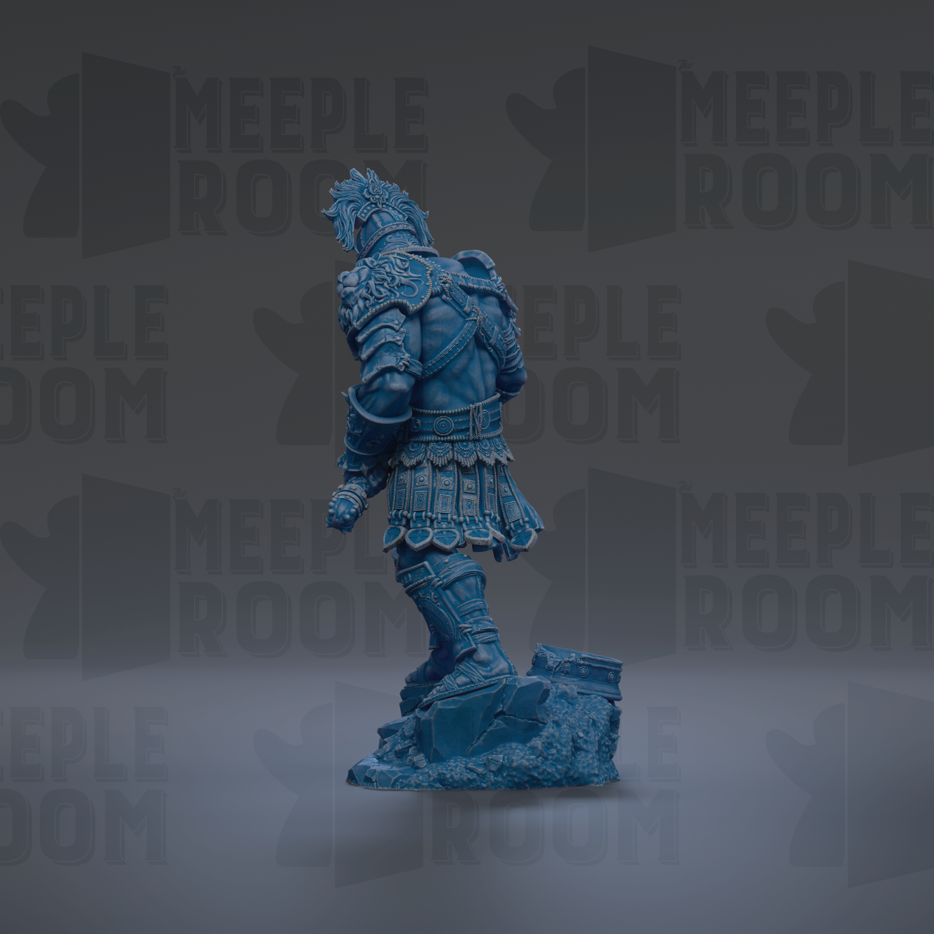 A blue armored figure stands in a dark background with the repeated text "MEIPLLE ROOM" in the background.