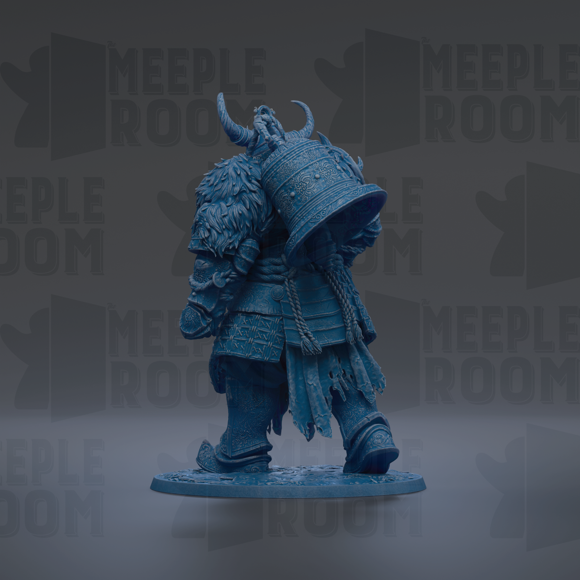 A blue statue of a warrior figure with a large helmet and ornate armor, standing on a platform against a dark background with repeated text.