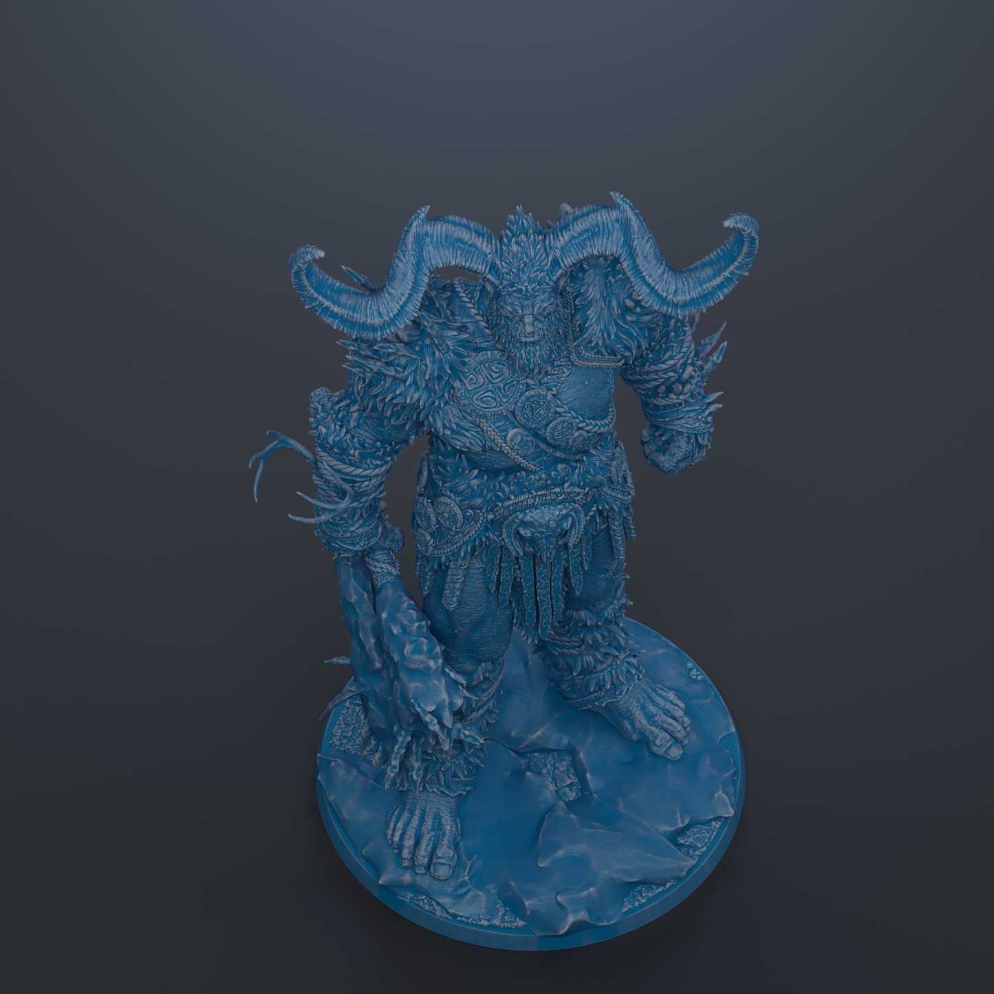 A detailed 3D rendering of a fantastical creature with horns, a large body, and intricate patterns and textures.