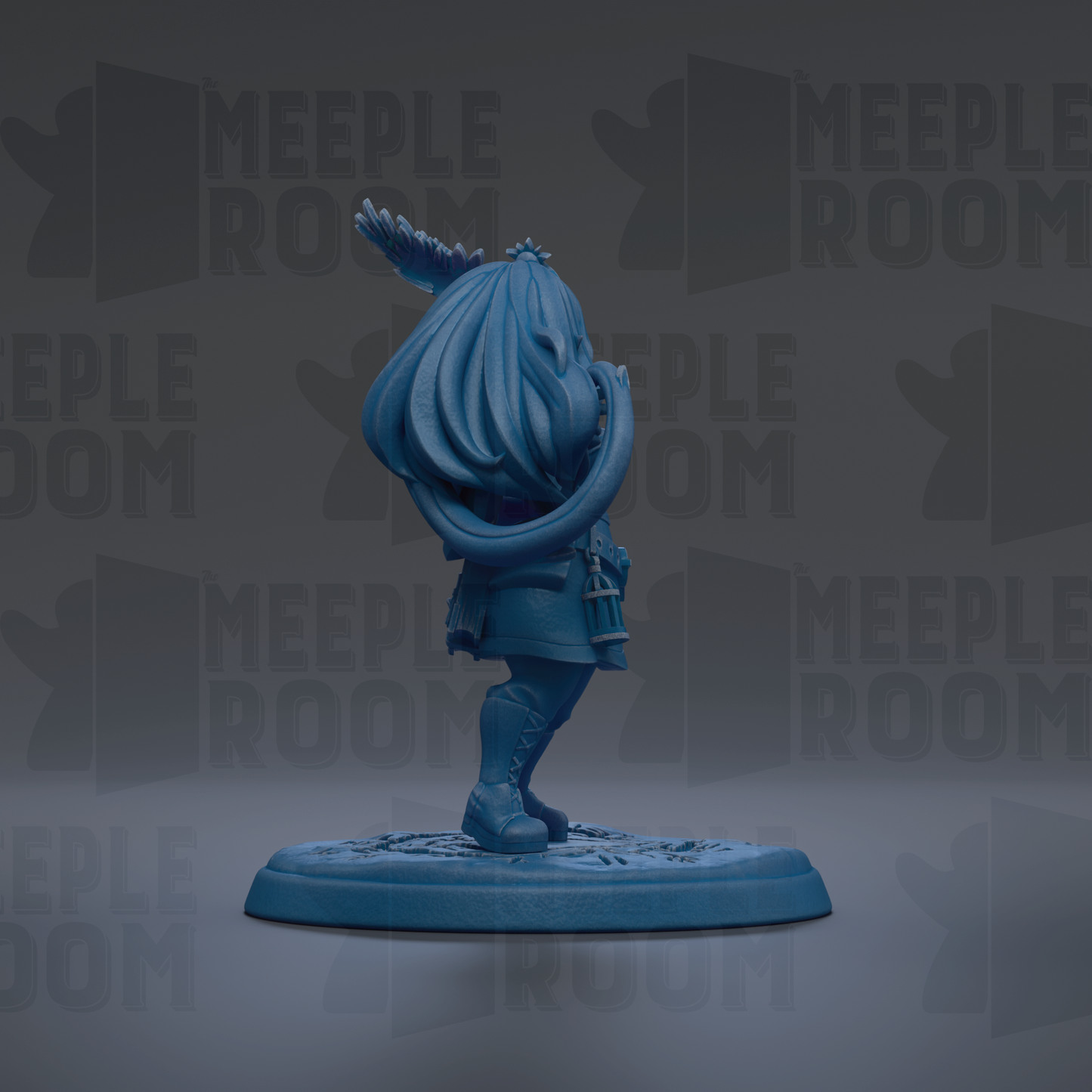 A blue figurine of a person with long hair and a crown, standing on a blue base against a dark background with repeated text.