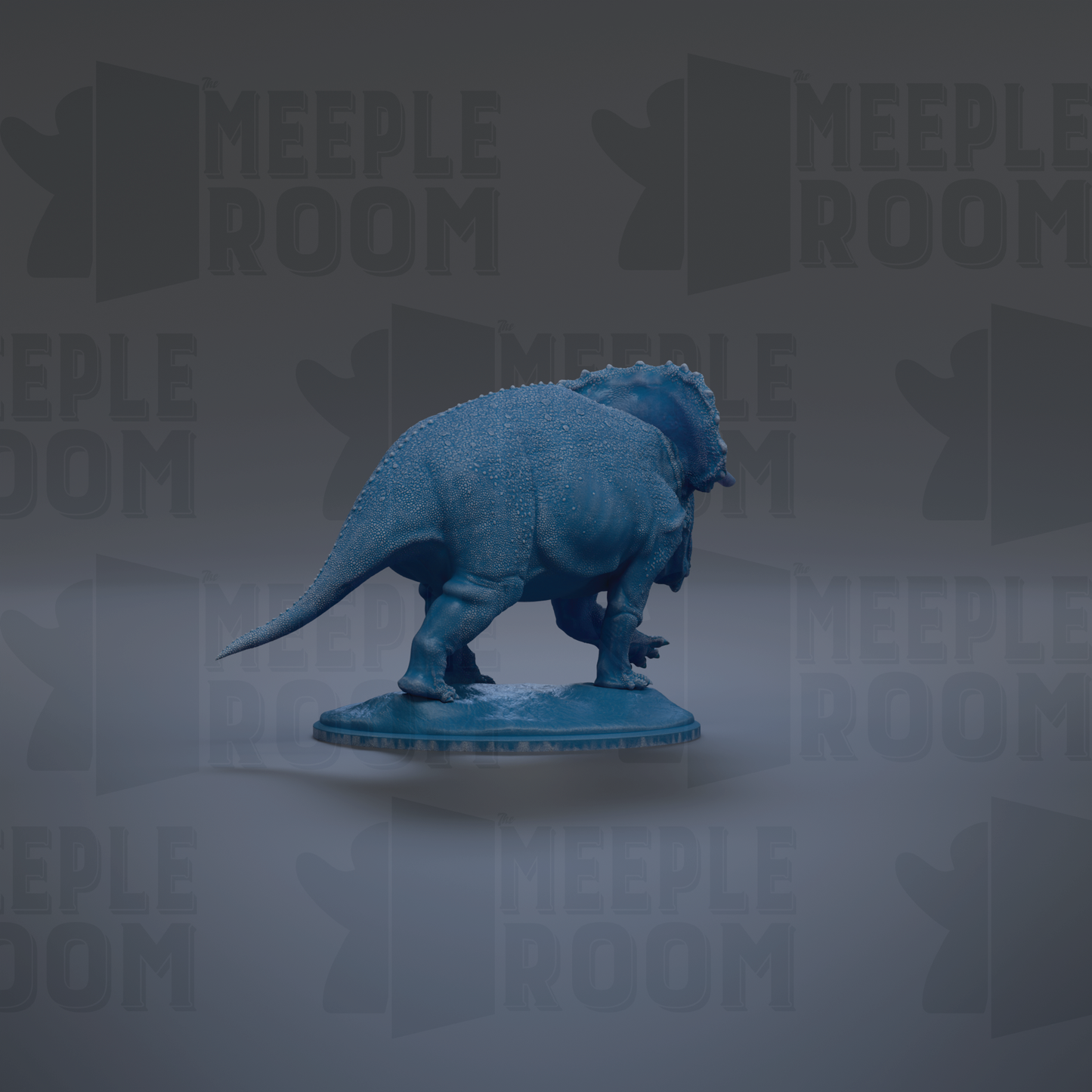 A blue dinosaur figurine is shown against a dark background with repeated text.