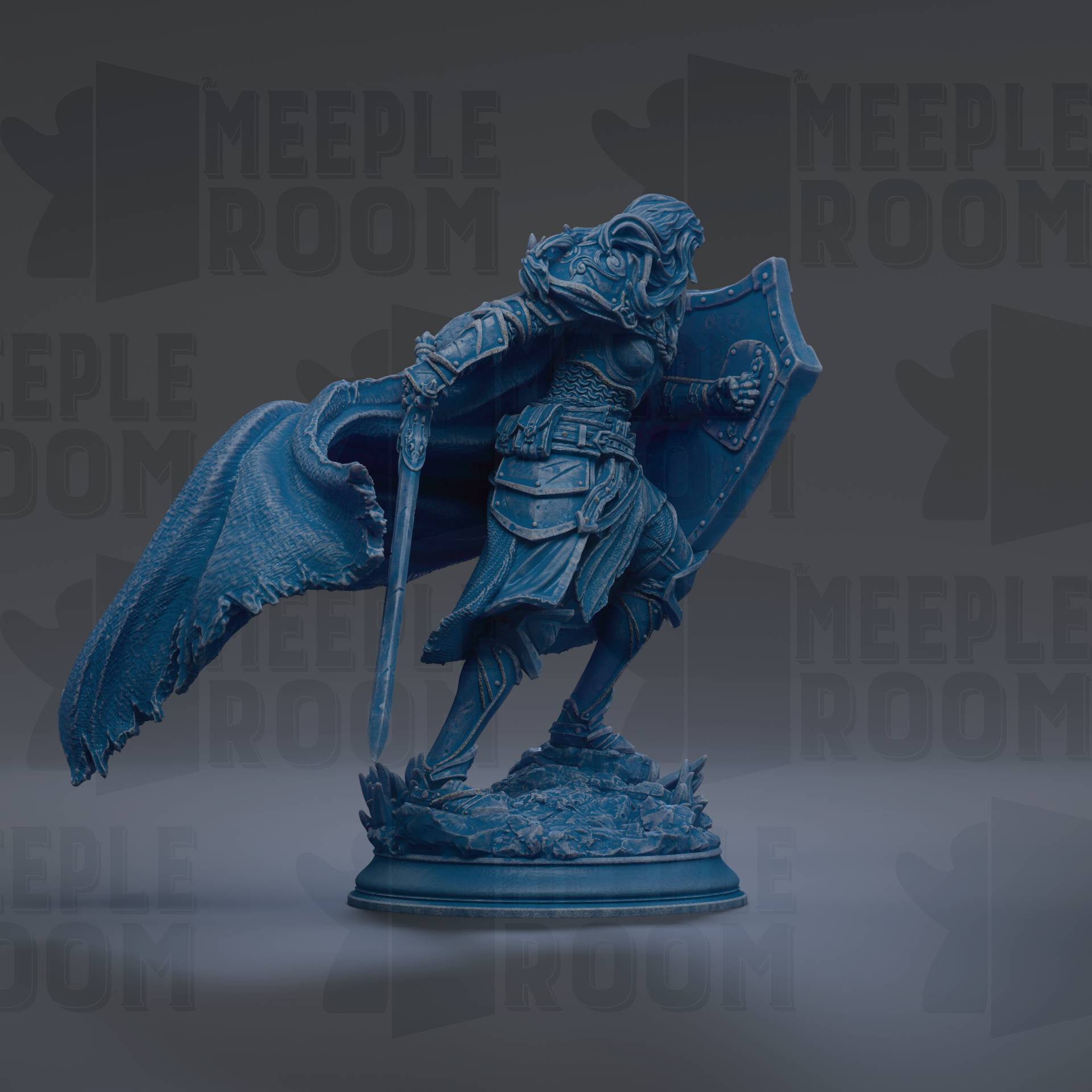 A blue statue of a warrior figure with a shield and sword, standing on a base and holding a shield in one hand and a sword in the other.