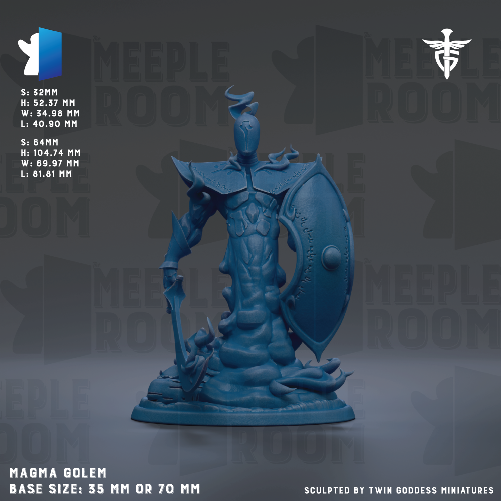 The image is a 3D rendering of a blue figurine of a warrior, likely a character from a fantasy or science fiction setting. The figurine is depicted in a dynamic pose, holding a shield and sword, and is shown in a base size of 35 mm or 70 mm. The background of the image is a dark gray color, and there is text and logos related to the figurine and its base size.