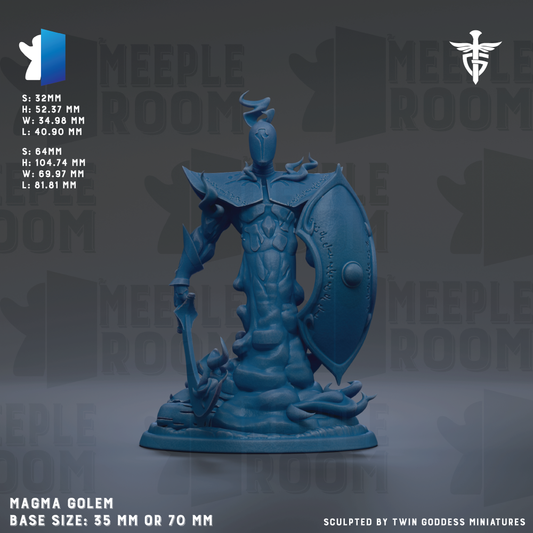 The image is a 3D rendering of a blue figurine of a warrior, likely a character from a fantasy or science fiction setting. The figurine is depicted in a dynamic pose, holding a shield and sword, and is shown in a base size of 35 mm or 70 mm. The background of the image is a dark gray color, and there is text and logos related to the figurine and its base size.