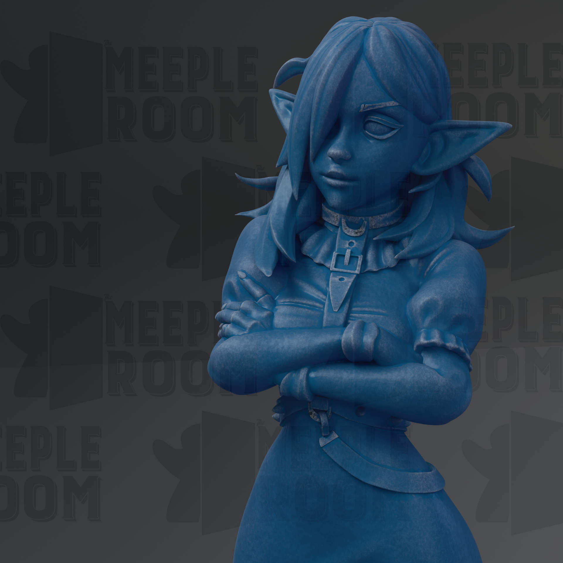 A blue statue of a woman with long hair and a pendant, standing with her arms crossed against a dark background with repeated text.