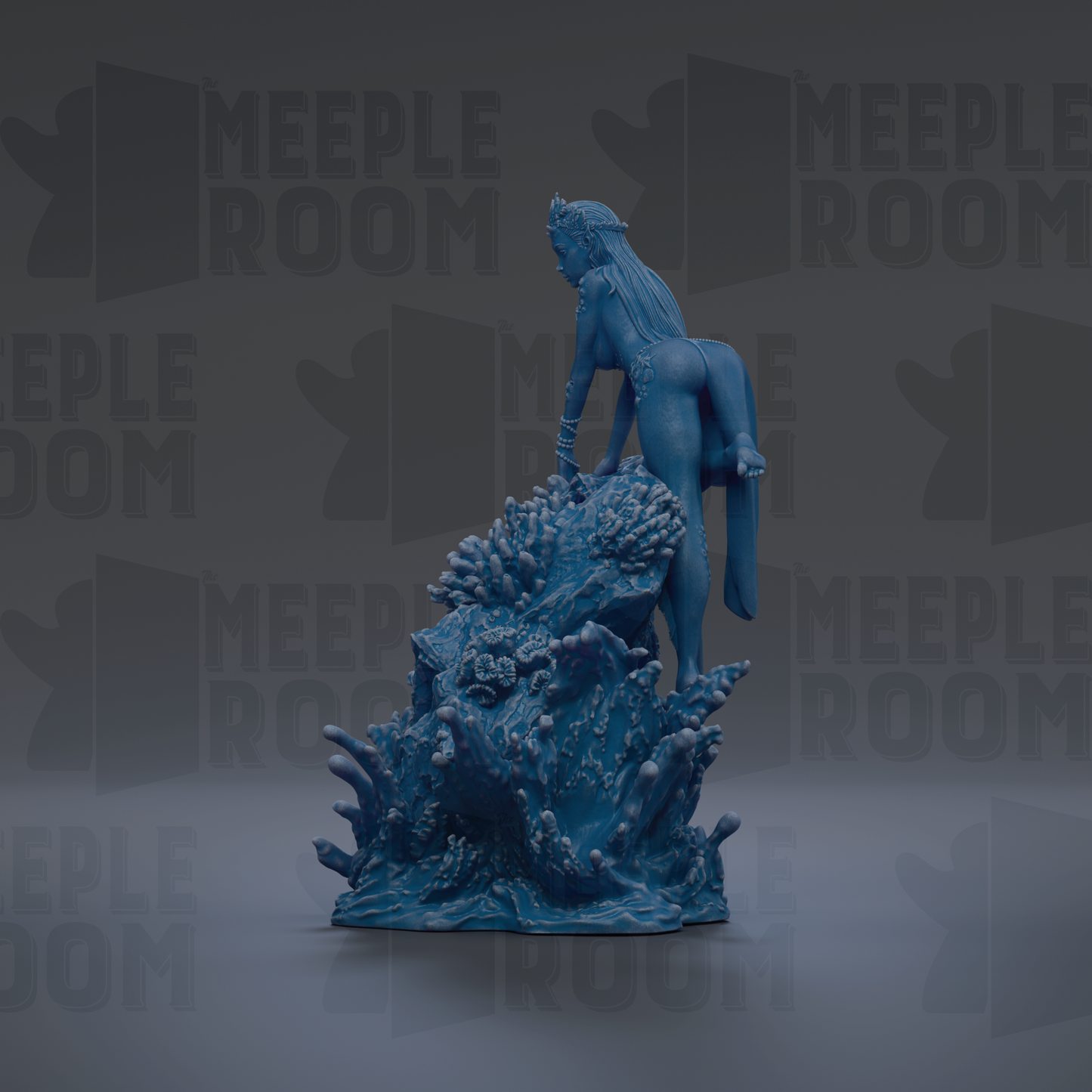 A blue, 3D-rendered statue of a woman standing on a rock formation, with the text "MEUPLE ROOM" repeated in the background.