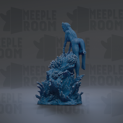 A blue, 3D-rendered statue of a woman standing on a rock formation, with the text "MEUPLE ROOM" repeated in the background.