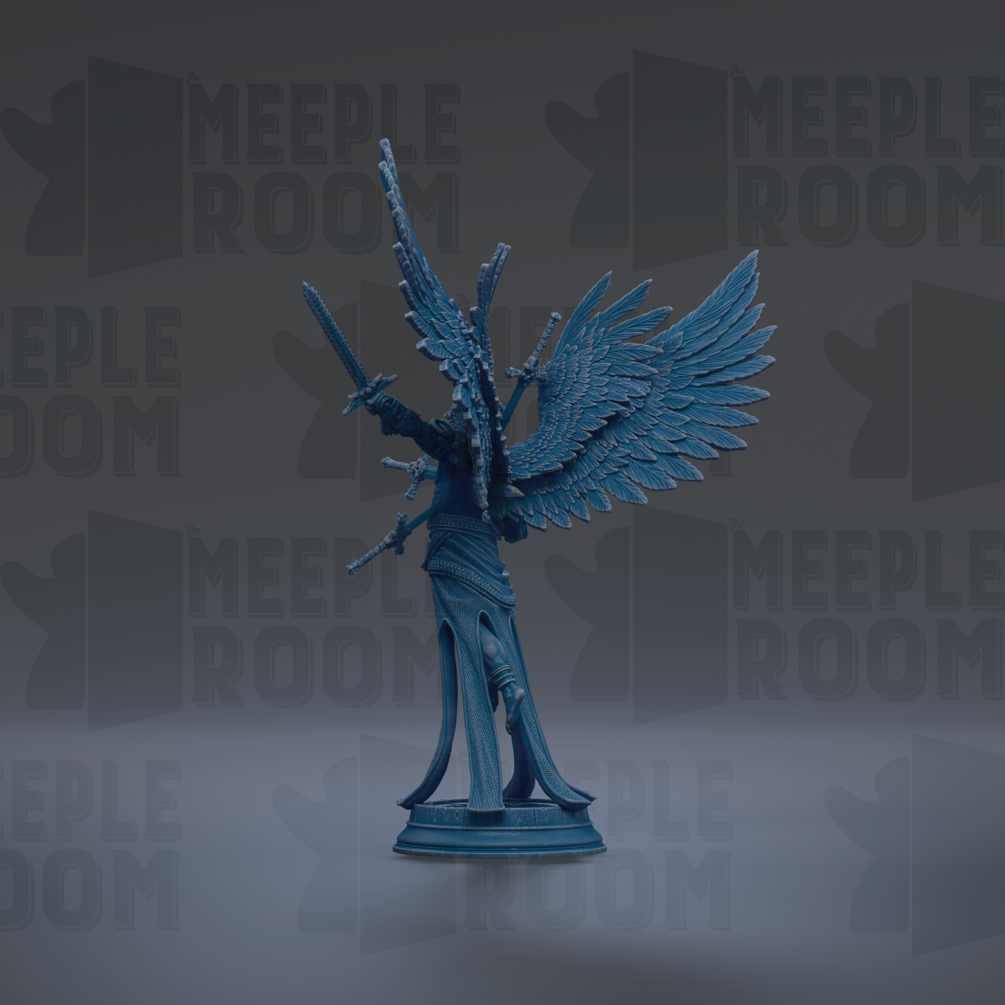A blue statue of a winged figure with a sword and shield stands prominently against a dark background with repeated "MEIPLE ROOM" text.