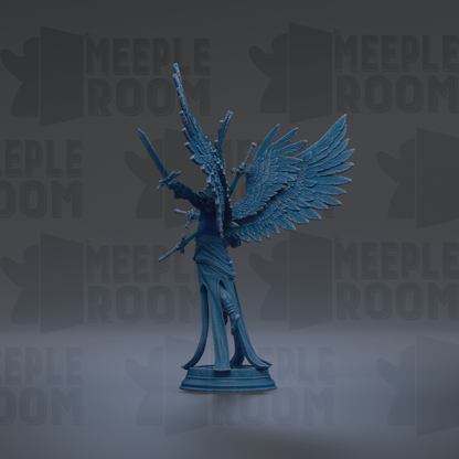 A blue statue of a winged figure with a sword and shield stands prominently against a dark background with repeated "MEIPLE ROOM" text.
